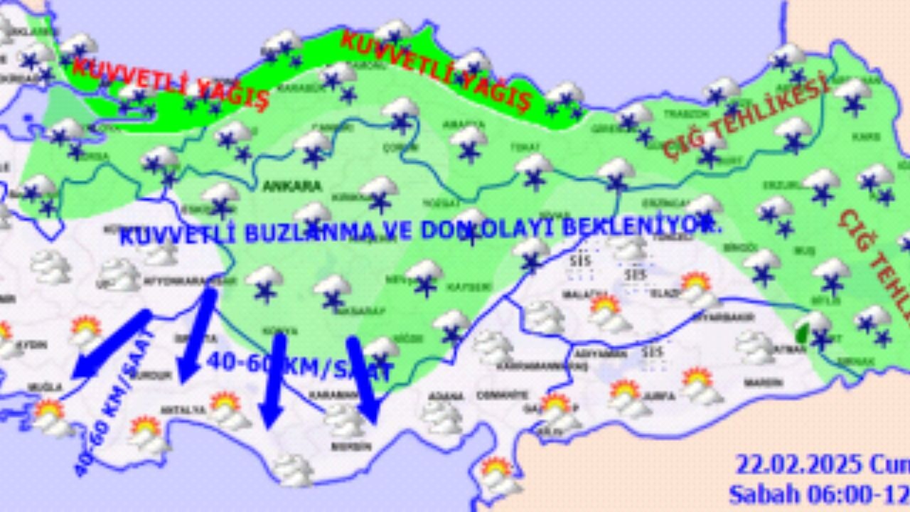 Hava durumu Türkiye geneli için. 22 Şubat 2025