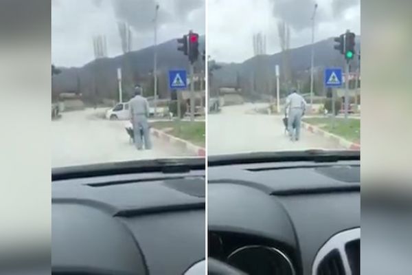 El arabasıyla kırmızı ışıkta duran işçi