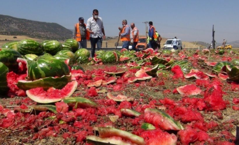 Gaziantep'te 3 ton karpuz yola savruldu