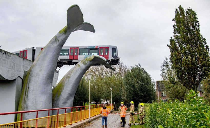 Raydan çıkan tren 7.5 metrelik balina heykelinde asılı kaldı
