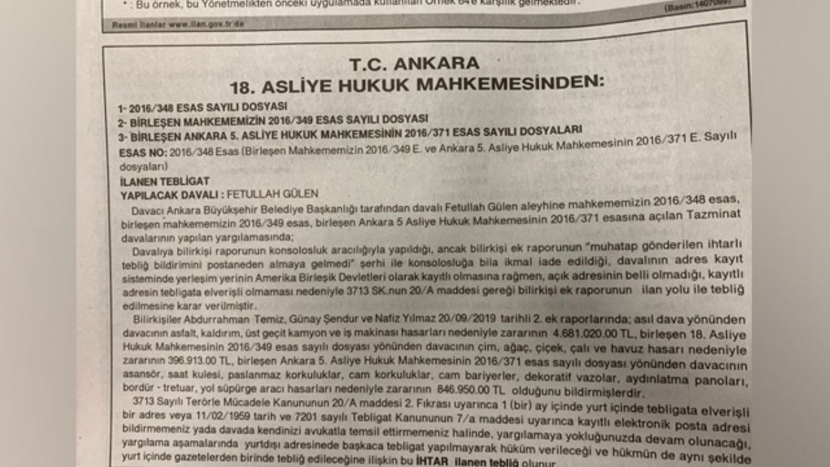 Mahkemeden FETÖ elebaşına 6 milyon liraya yakın tebligat ilanı