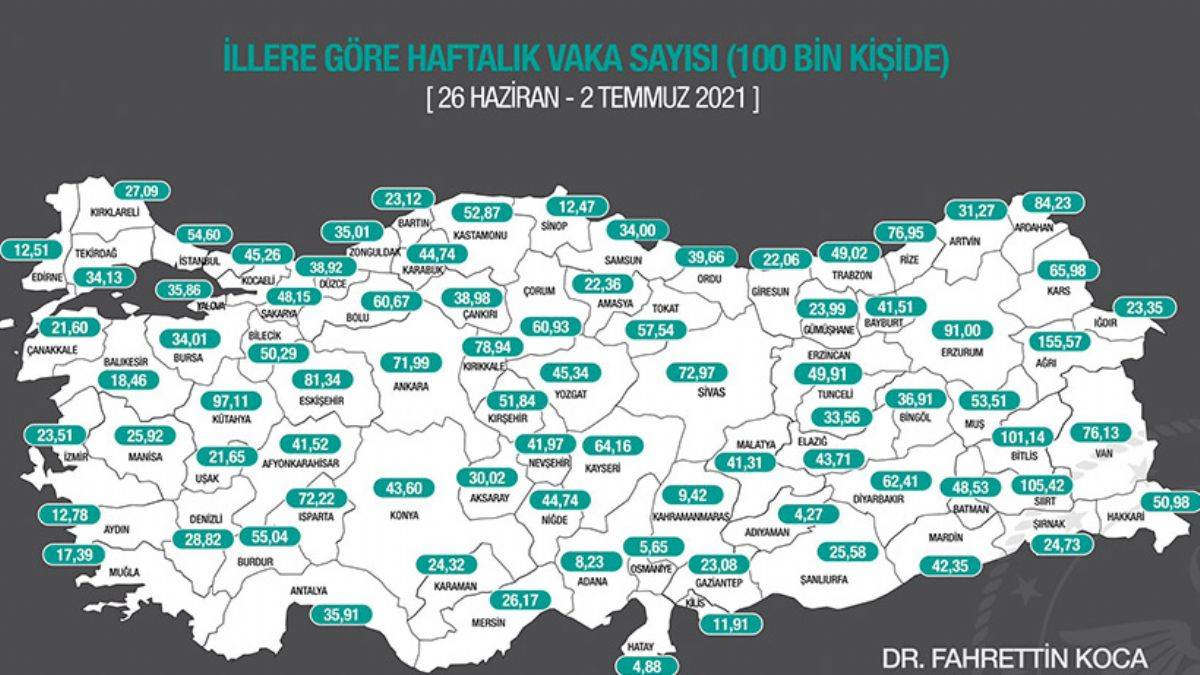 Son bir haftada vaka oranı en çok artan ve azalan iller