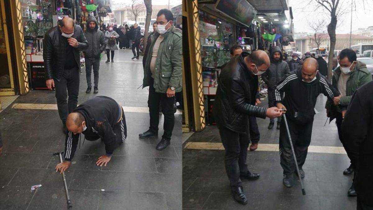 Engelli gibi davranan dilenci, zabıtayı görünce ayağa kalktı