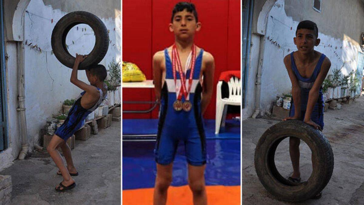 Otomobil lastiği ile antrenman yapan Mustafa, güreşte Türkiye üçüncüsü oldu