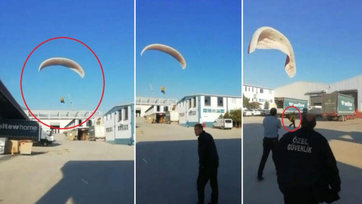 İşe geç kalınca paraşüt kullandı; o anlar kamerada