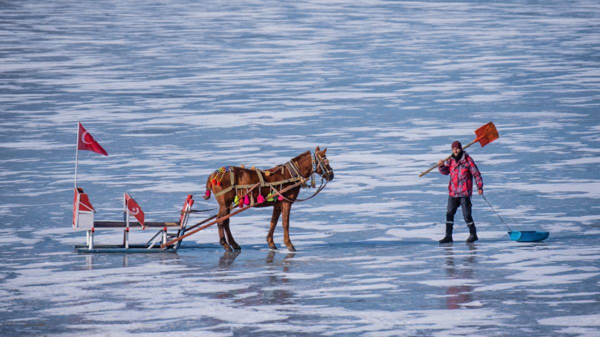 Atlı kızaklarla Çıldır Gölü'nde gezi keyfi