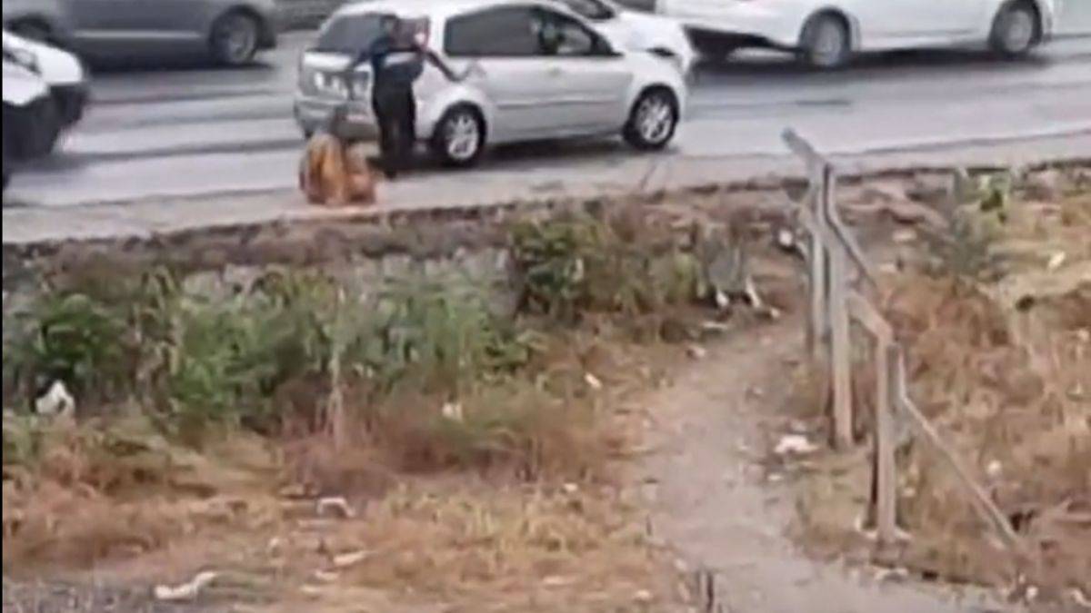 Yol kenarında kadını kemerle darbetti