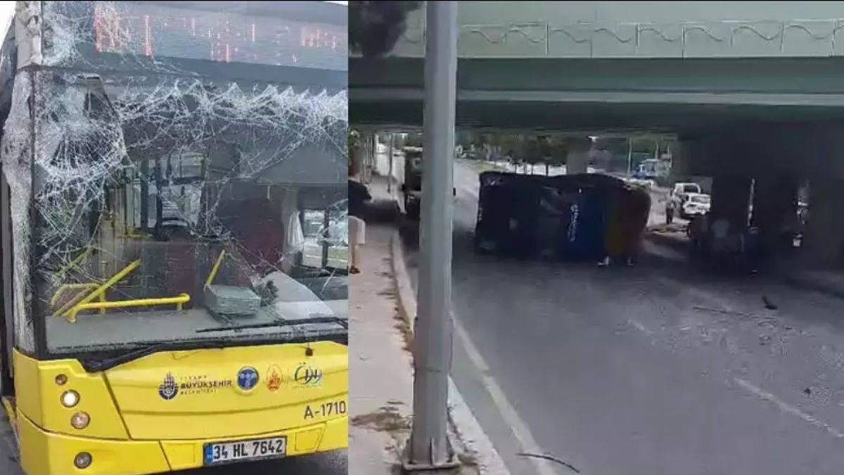 TIR, İETT otobüsünün üzerine devrildi