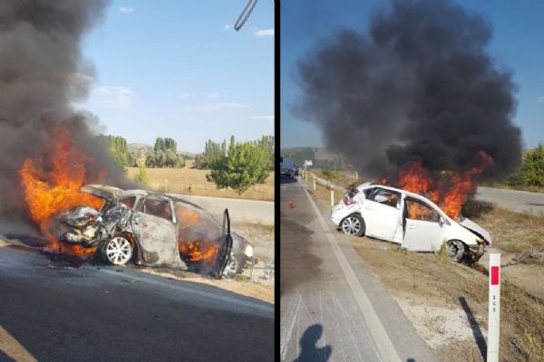 Bariyerlere çarpan araç alev aldı: 1 ölü