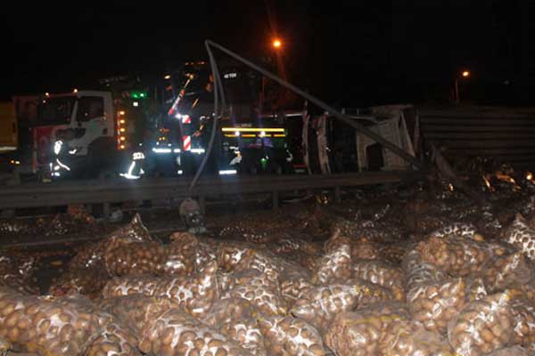 Patates yüklü kamyonet devrildi