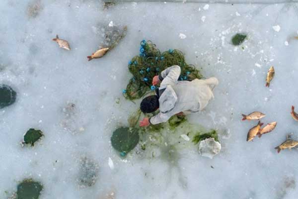 Buzun altında balık avı havadan görüntülendi