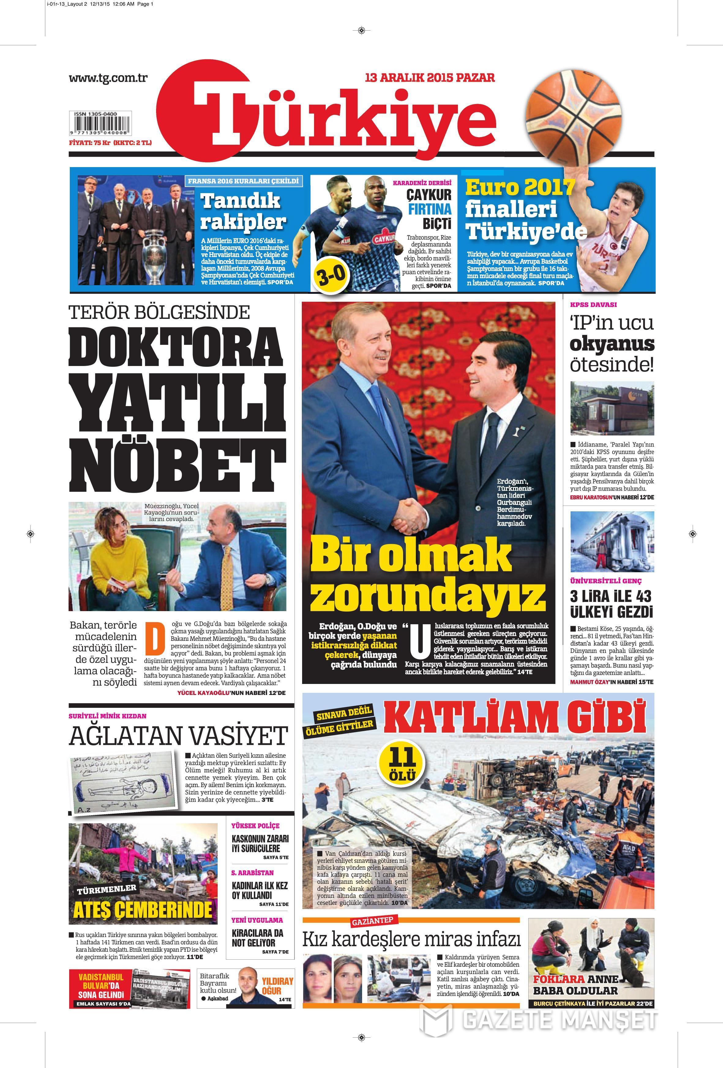 13 Aralık 2015 gazete manşetleri - 850