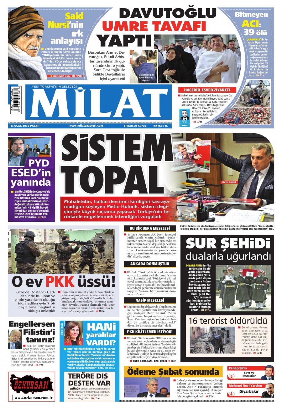 Gazete manşetleri (31 Ocak 2016) - 938