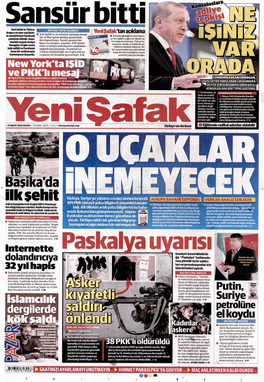 27 Mart 2016 gazete manşetleri - 853