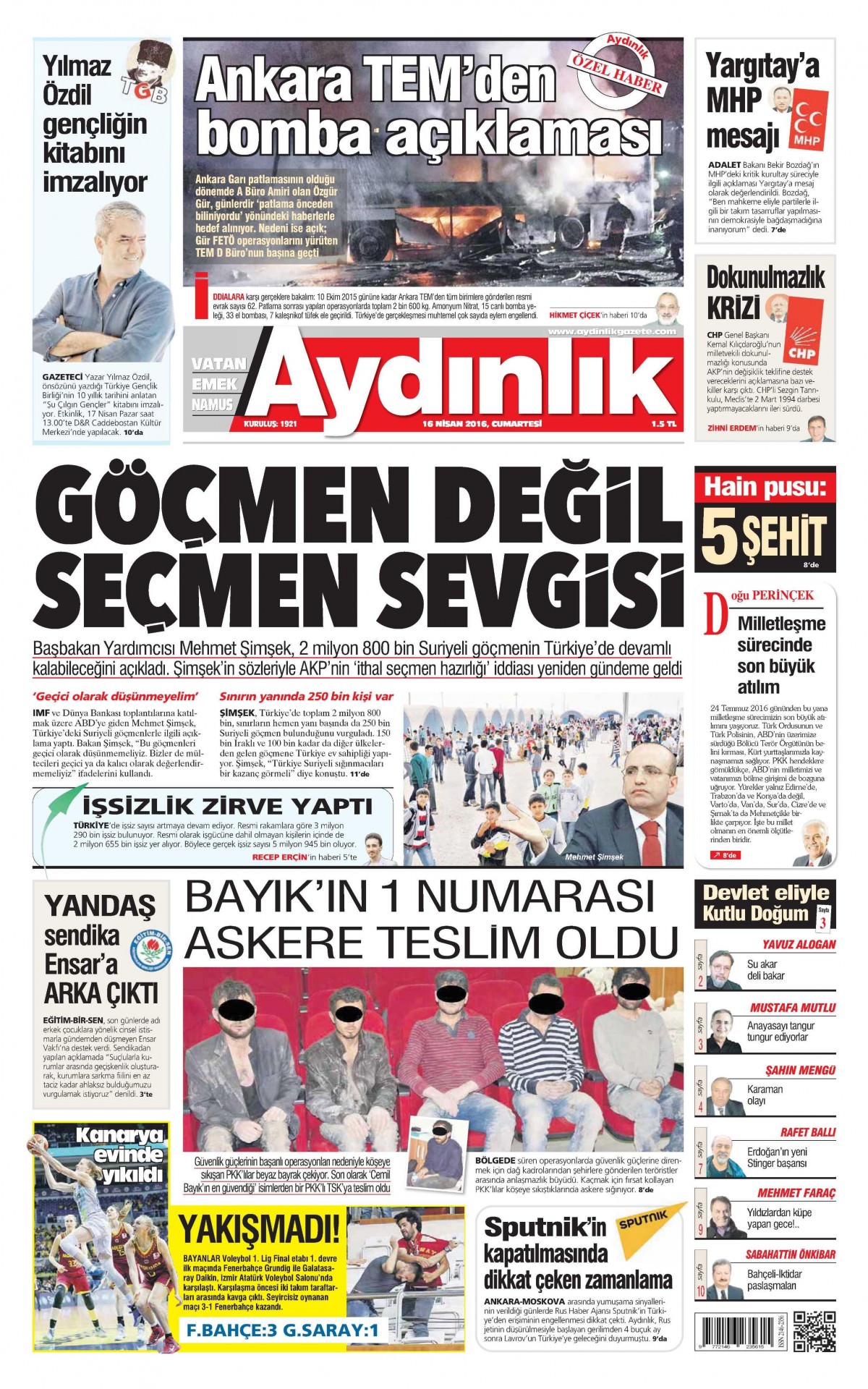 16 Nisan 2016 gazete manşetleri - 558