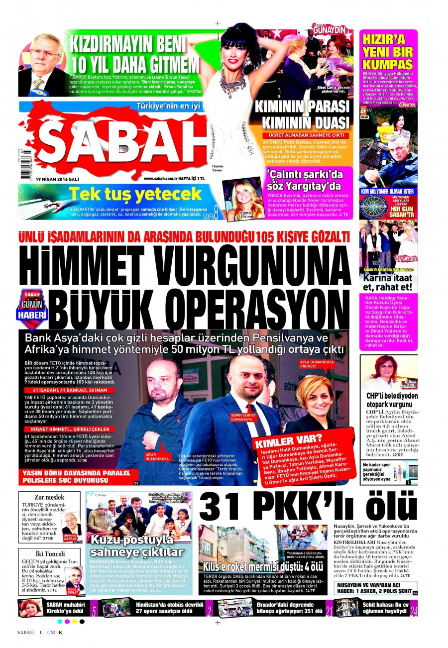 19 Nisan 2016 gazete manşetleri - 893