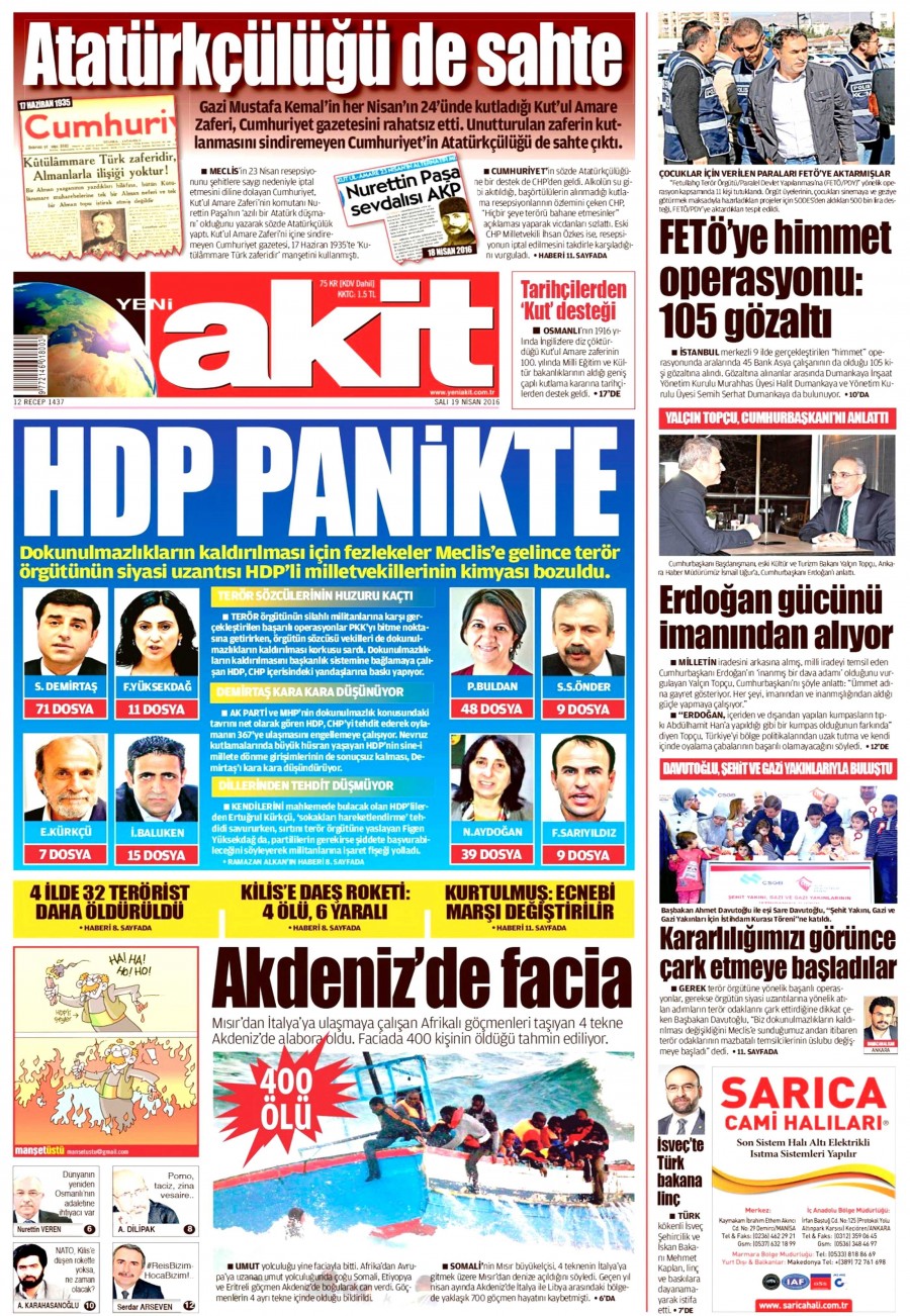 19 Nisan 2016 gazete manşetleri - 527