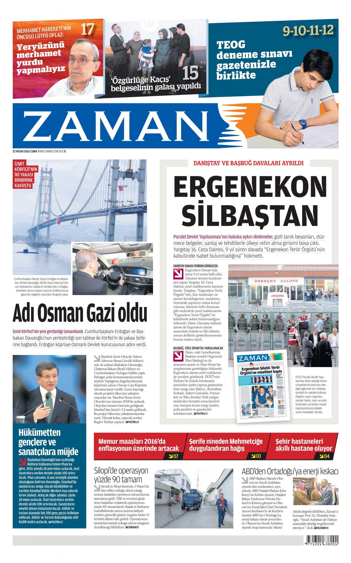 22 Nisan 2016 gazete manşetleri - 22