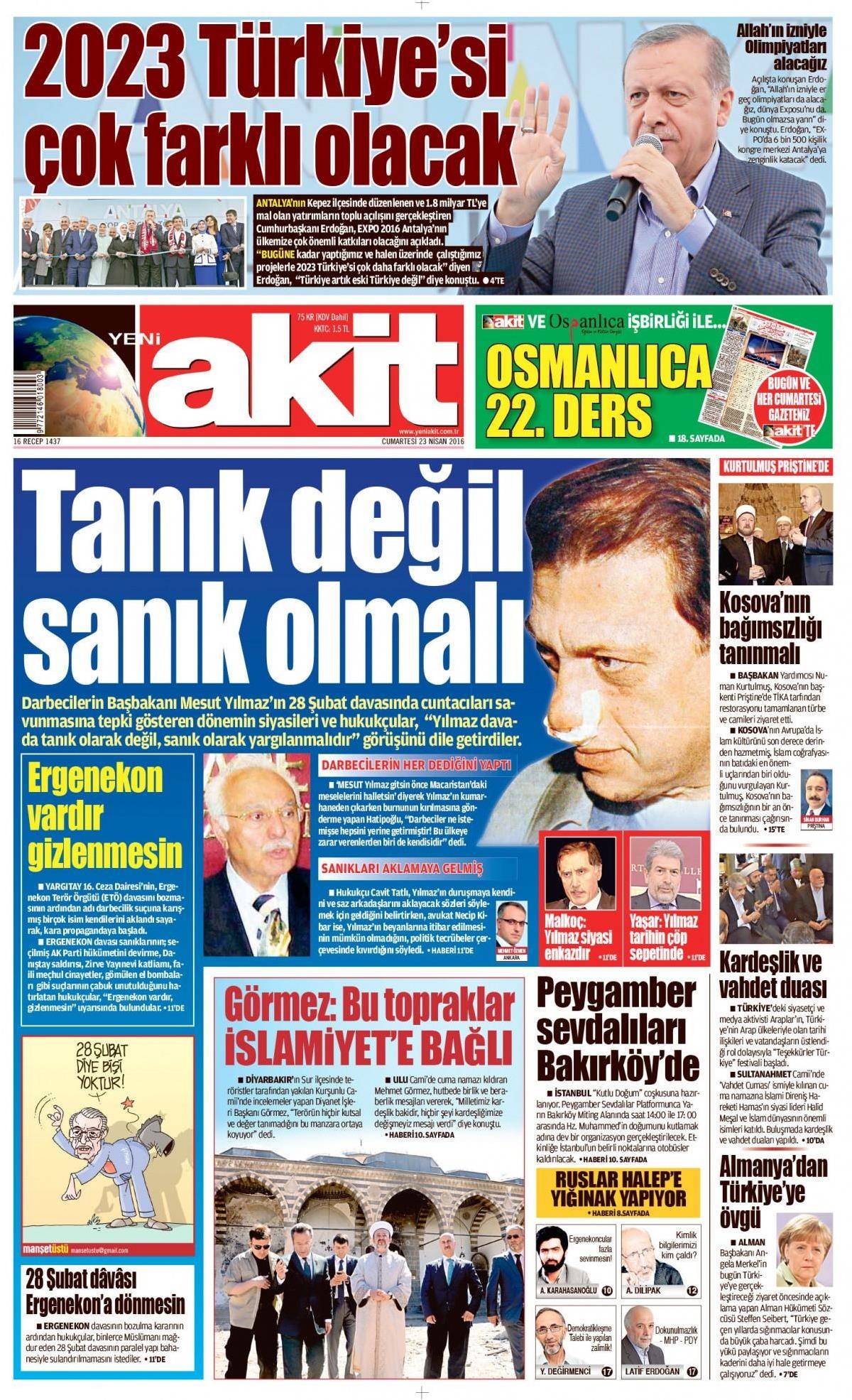 23 Nisan 2016 gazete manşetleri - 24