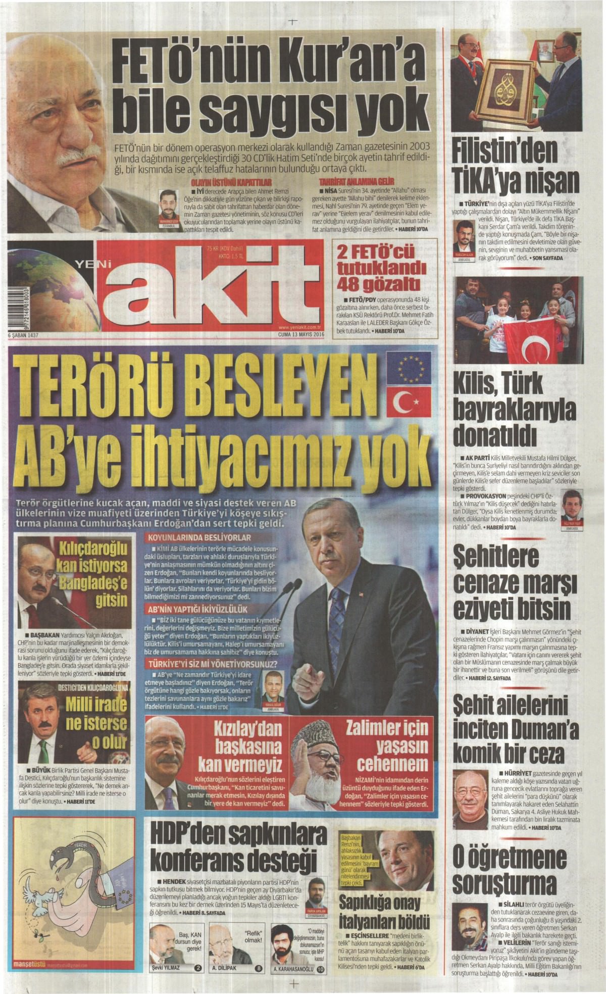 13 Mayıs 2016 gazete manşetleri - 550