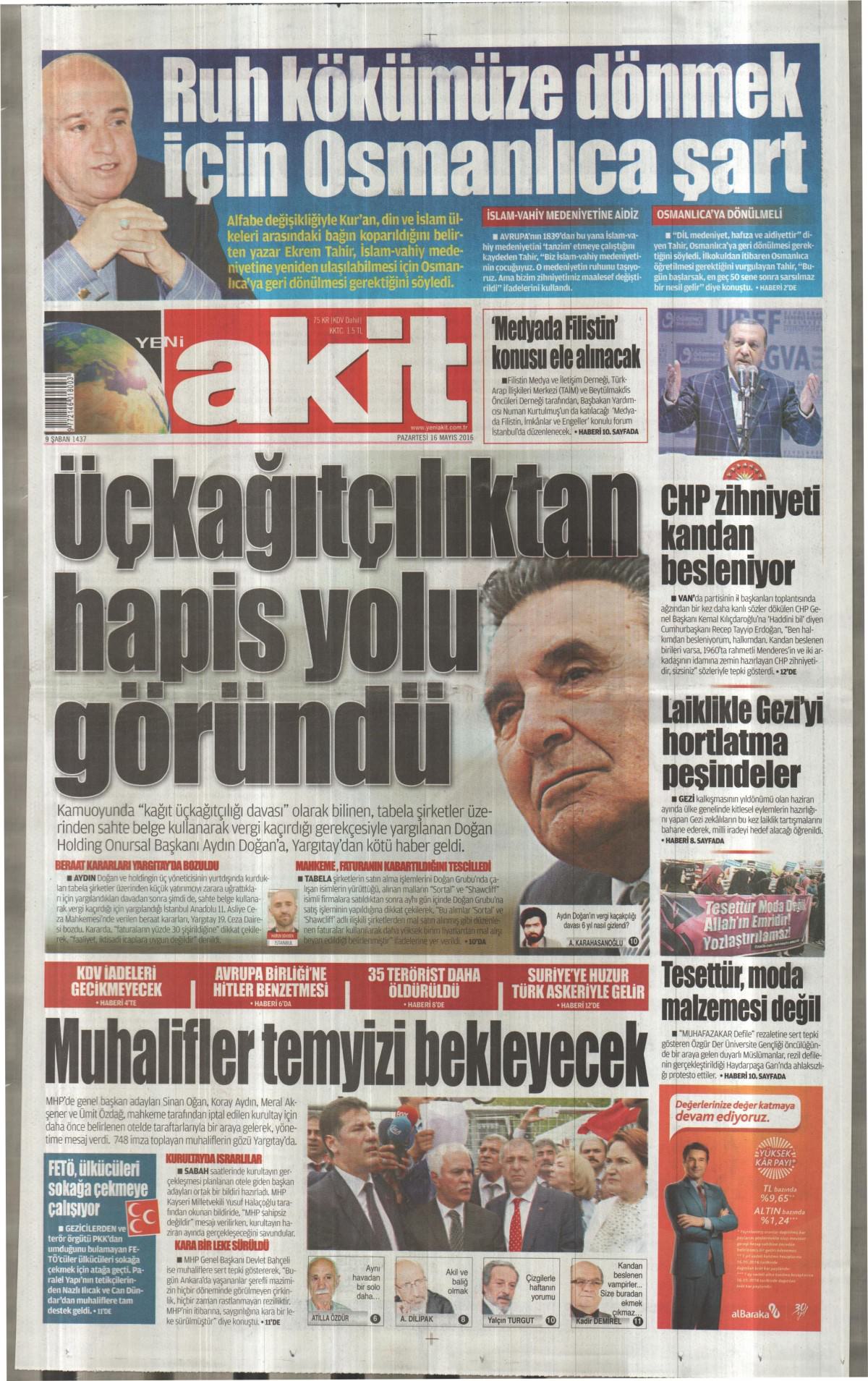 16 Mayıs 2016 gazete manşetleri - 830