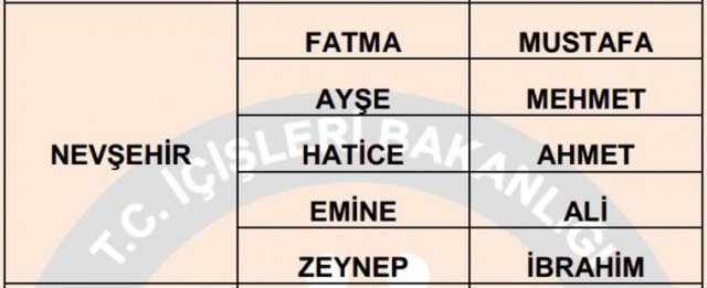 Türkiye'de en çok kullanılan isimler - 64