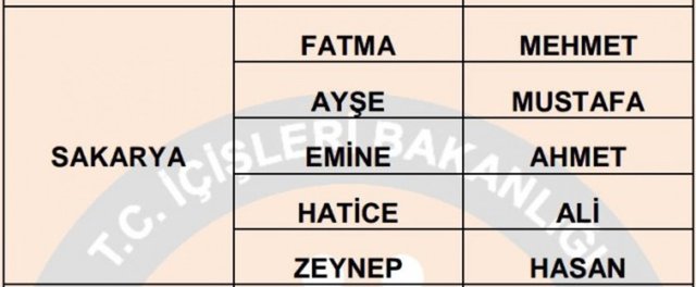 Türkiye'de en çok kullanılan isimler - 47