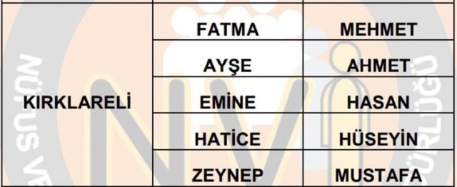 Türkiye'de en çok kullanılan isimler - 65