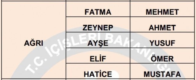Türkiye'de en çok kullanılan isimler - 56