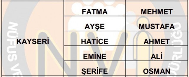 Türkiye'de en çok kullanılan isimler - 26