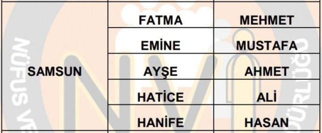 Türkiye'de en çok kullanılan isimler - 63