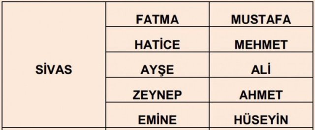 Türkiye'de en çok kullanılan isimler - 53