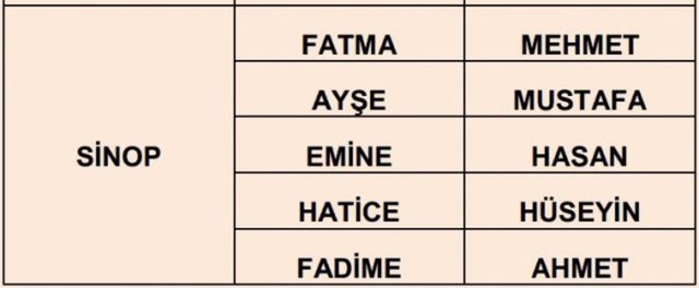 Türkiye'de en çok kullanılan isimler - 62