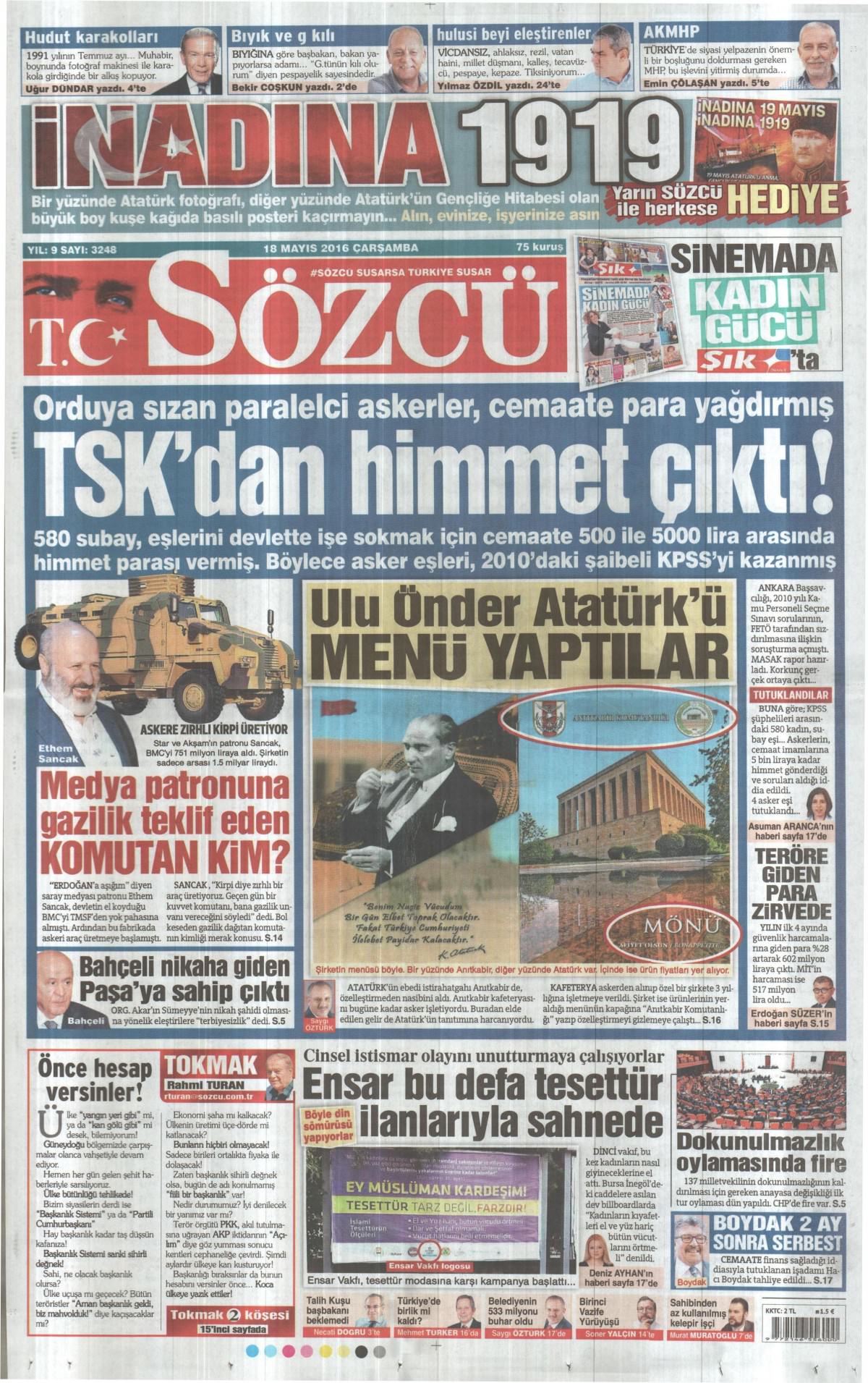 18 Mayıs 2016 gazete manşetleri - 20