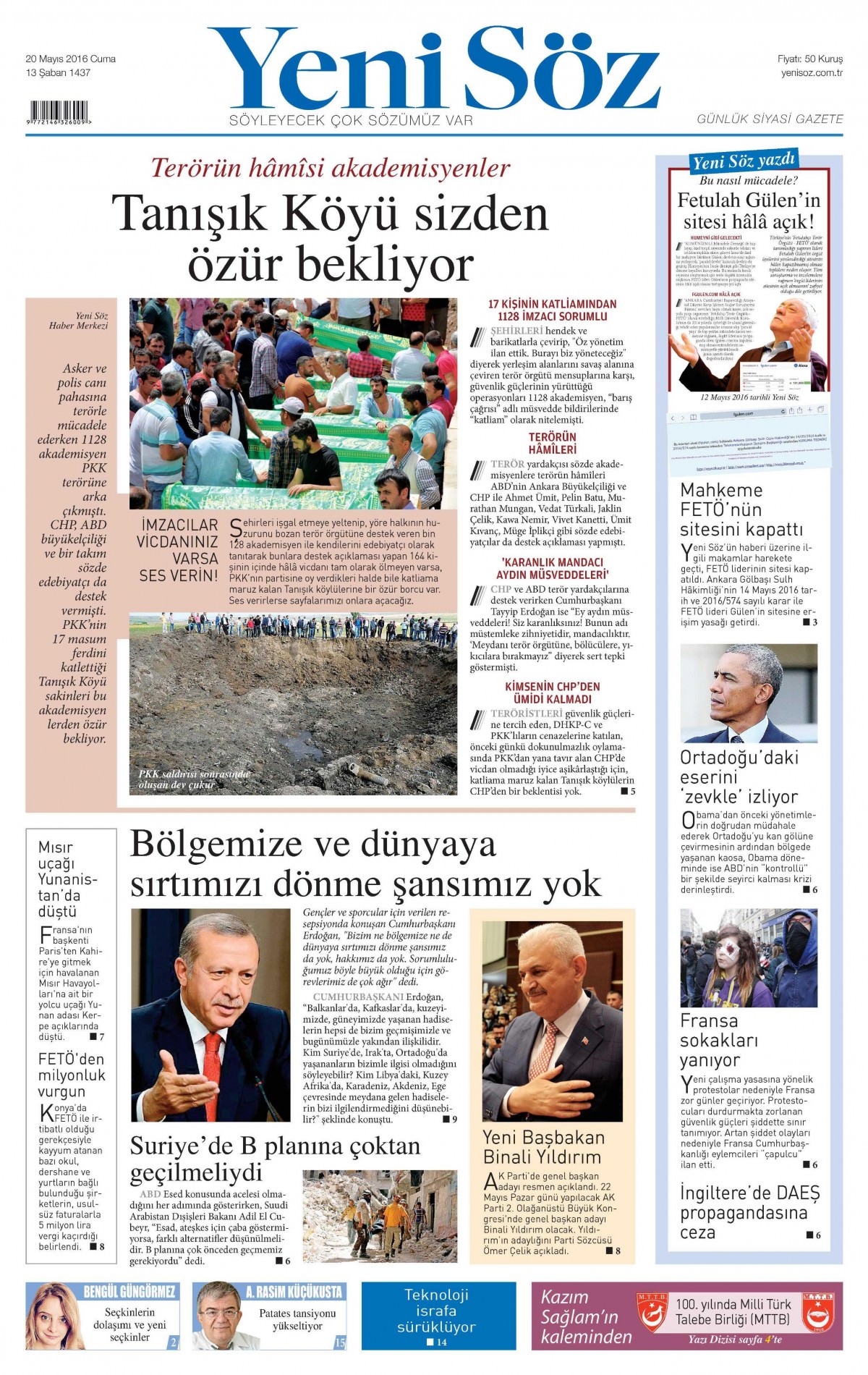 20 Mayıs 2016 gazete manşetleri - 20