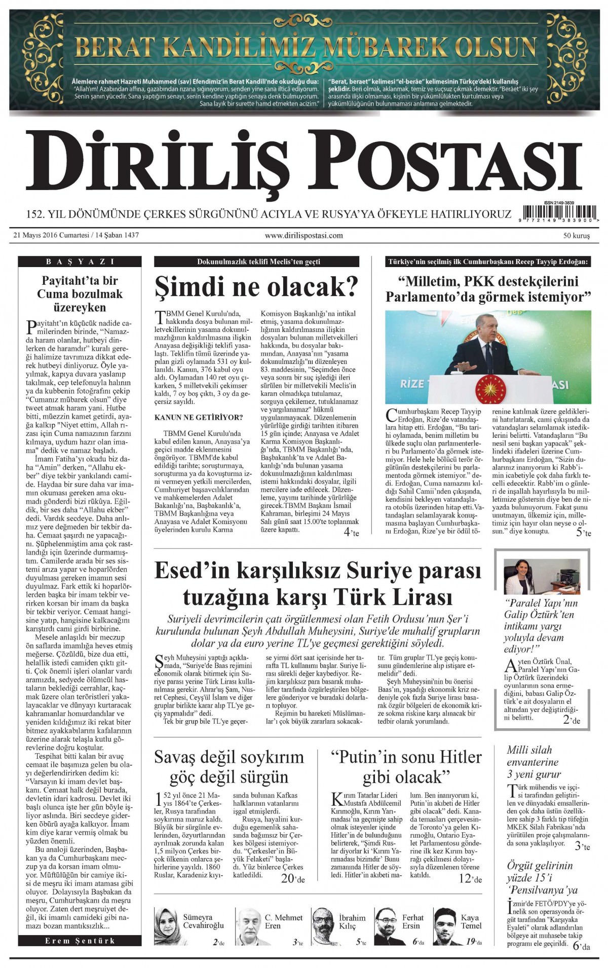 21 Mayıs 2016 gazete manşetleri - 1