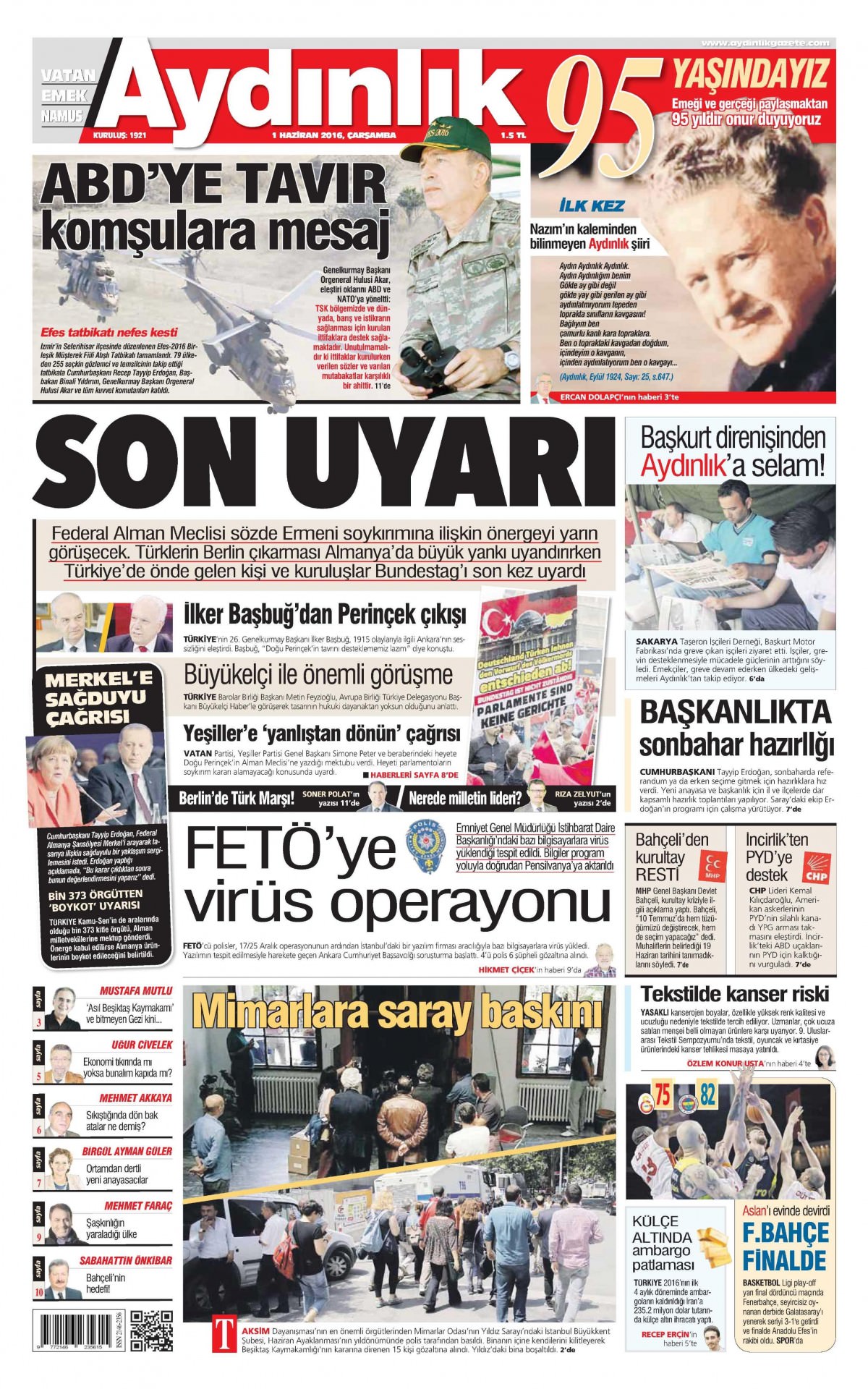 1 Haziran 2016 gazete manşetleri - 937