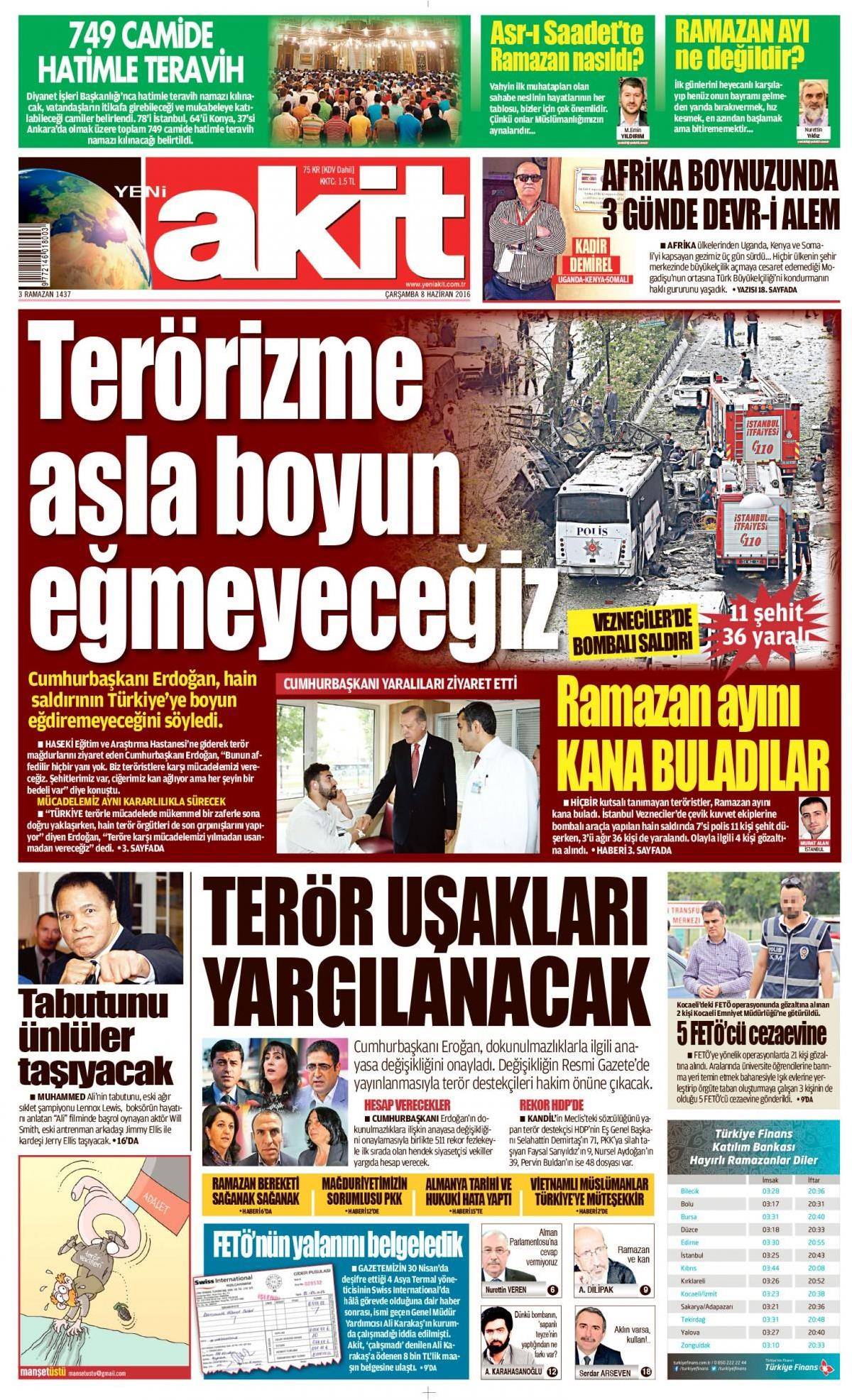 8 Haziran 2016 gazete manşetleri - 1