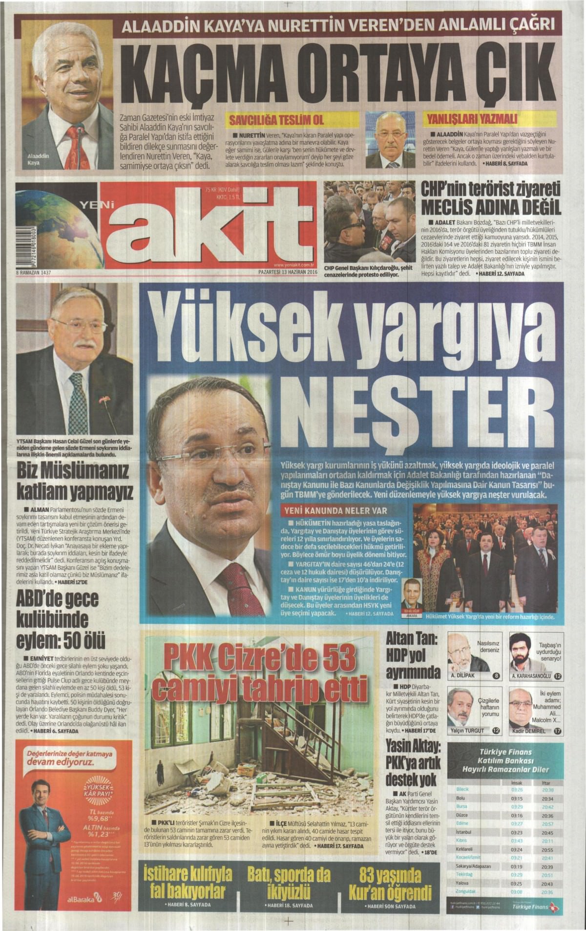 13 Haziran 2016 gazete manşetleri - 1