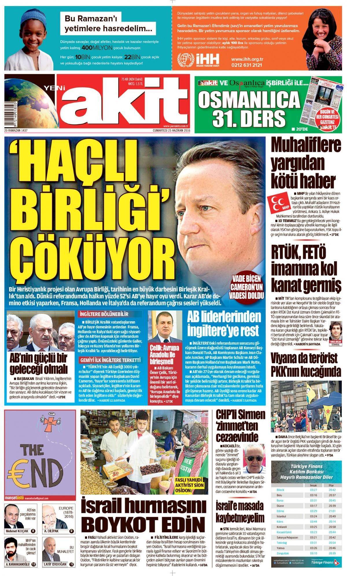 25 Haziran 2016 gazete manşetleri - 717