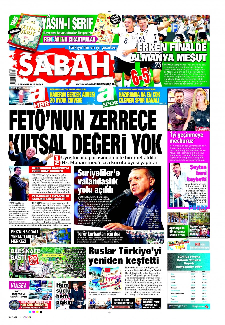 3 Temmuz 2016 gazete manşetleri - 600