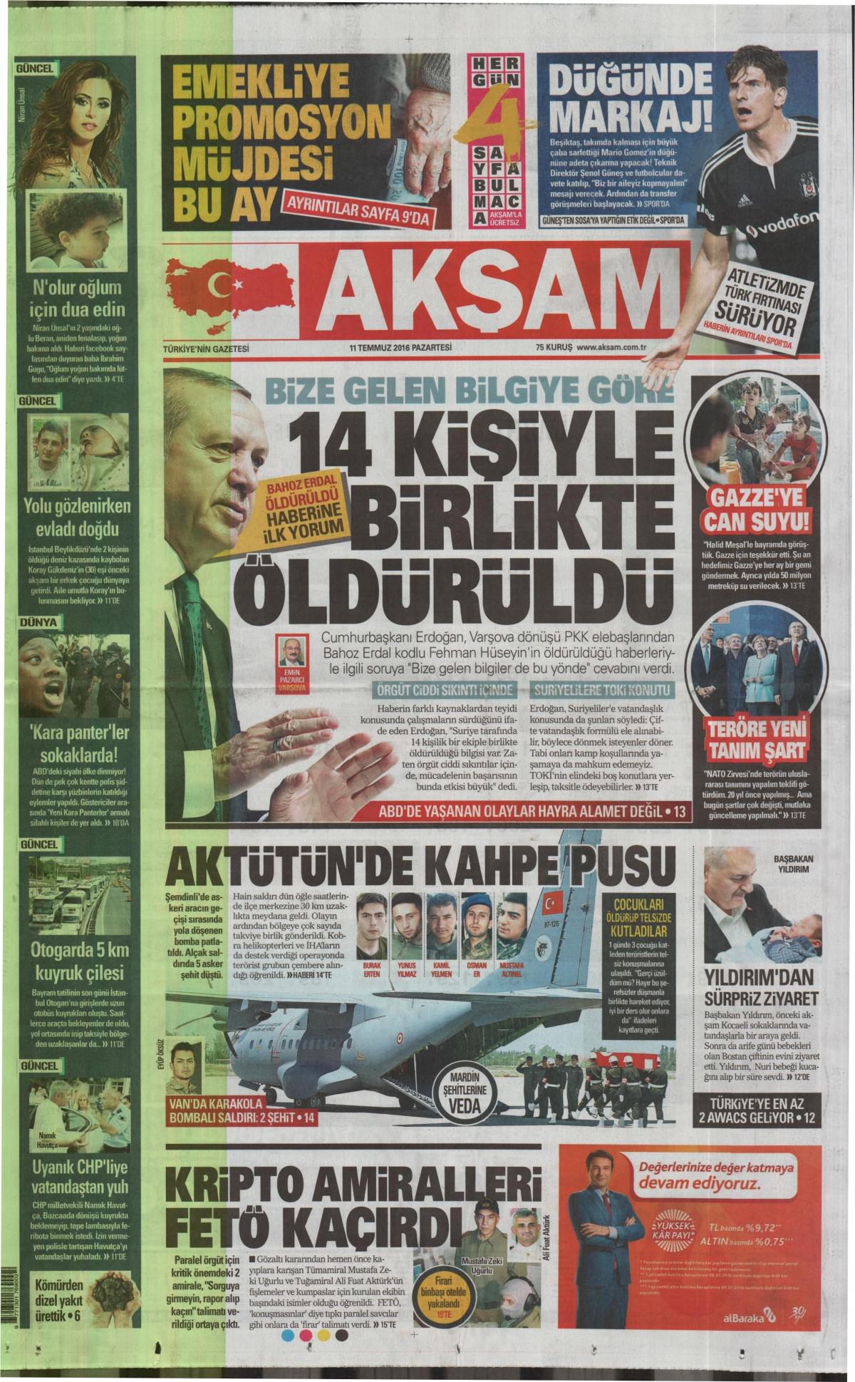 11 Temmuz 2016 gazete manşetleri - 809