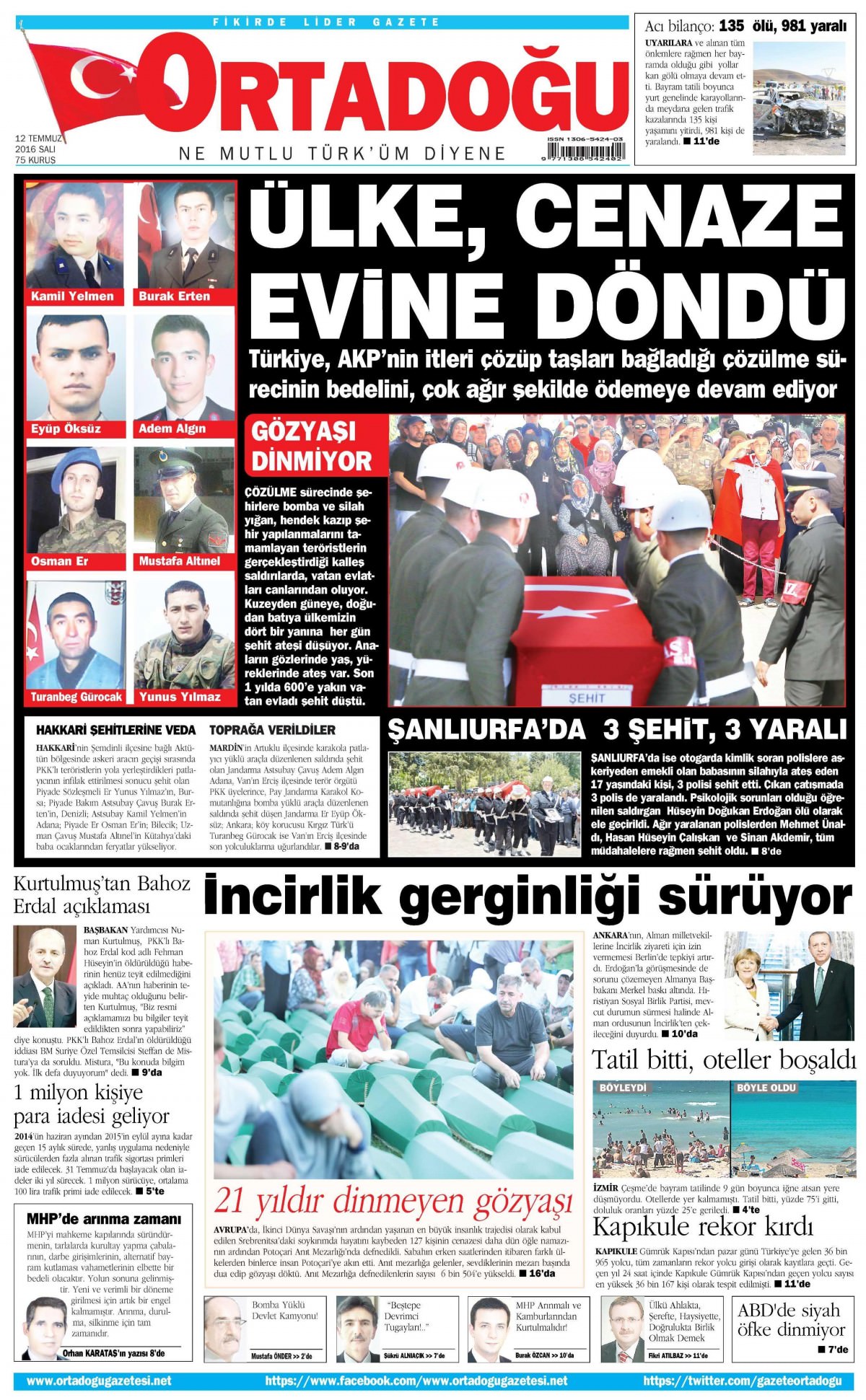 12 Temmuz 2016 gazete manşetleri - 574