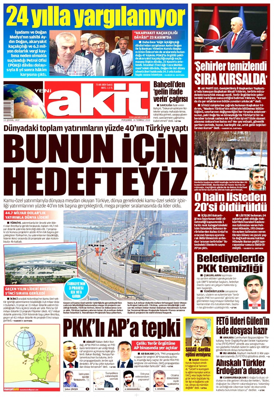 14 Temmuz 2016 gazete manşetleri - 611
