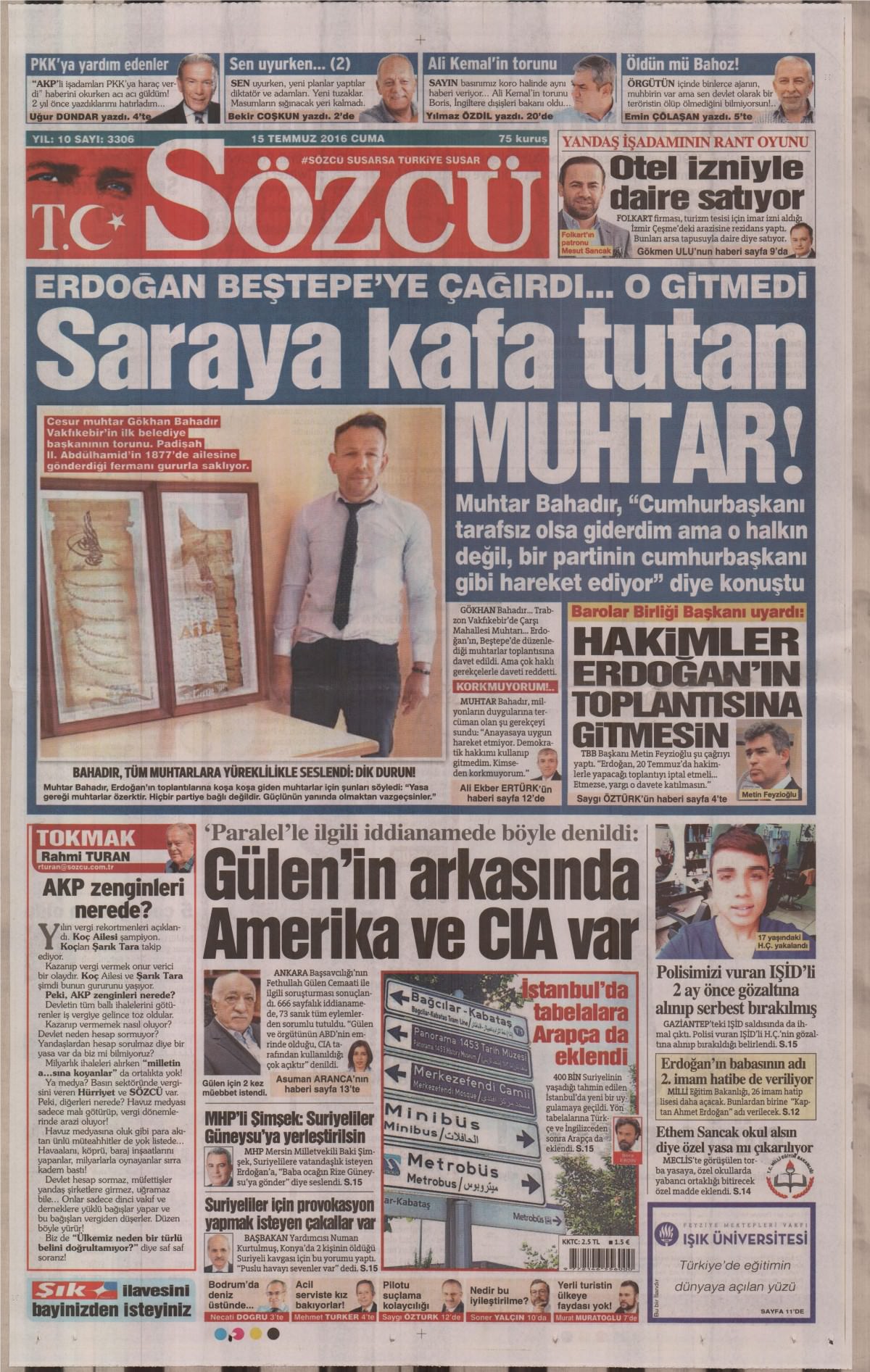 15 Temmuz 2016 gazete manşetleri - 20