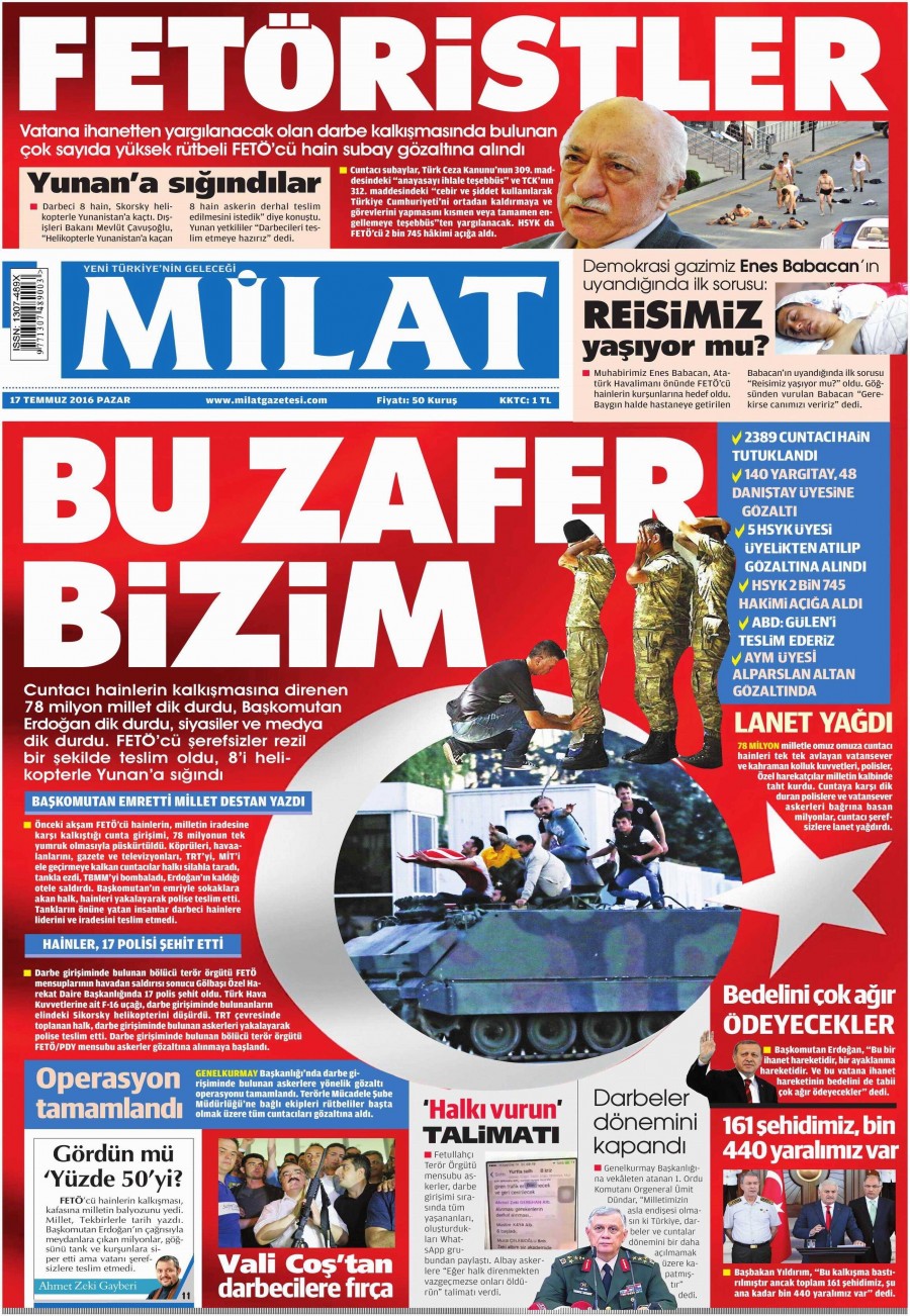 Darbe girişimi sonrası gazete manşetleri - 599