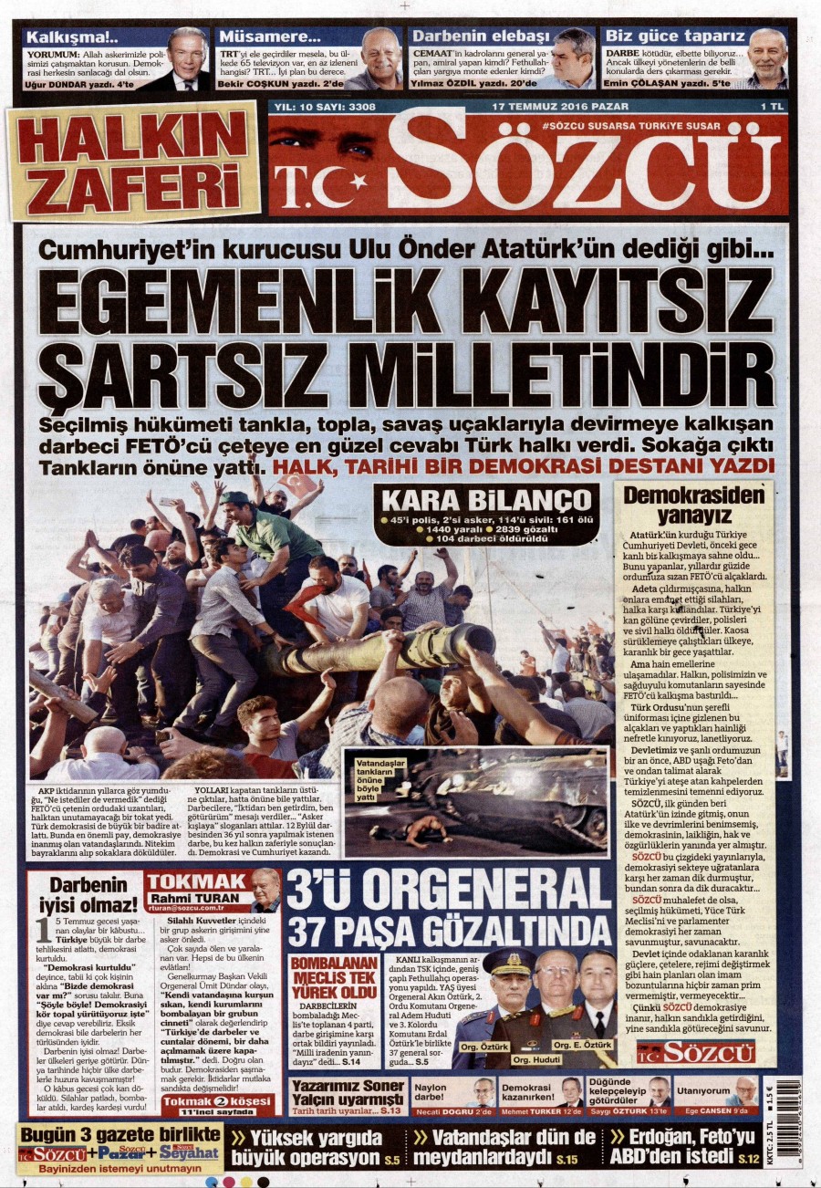 Darbe girişimi sonrası gazete manşetleri - 540