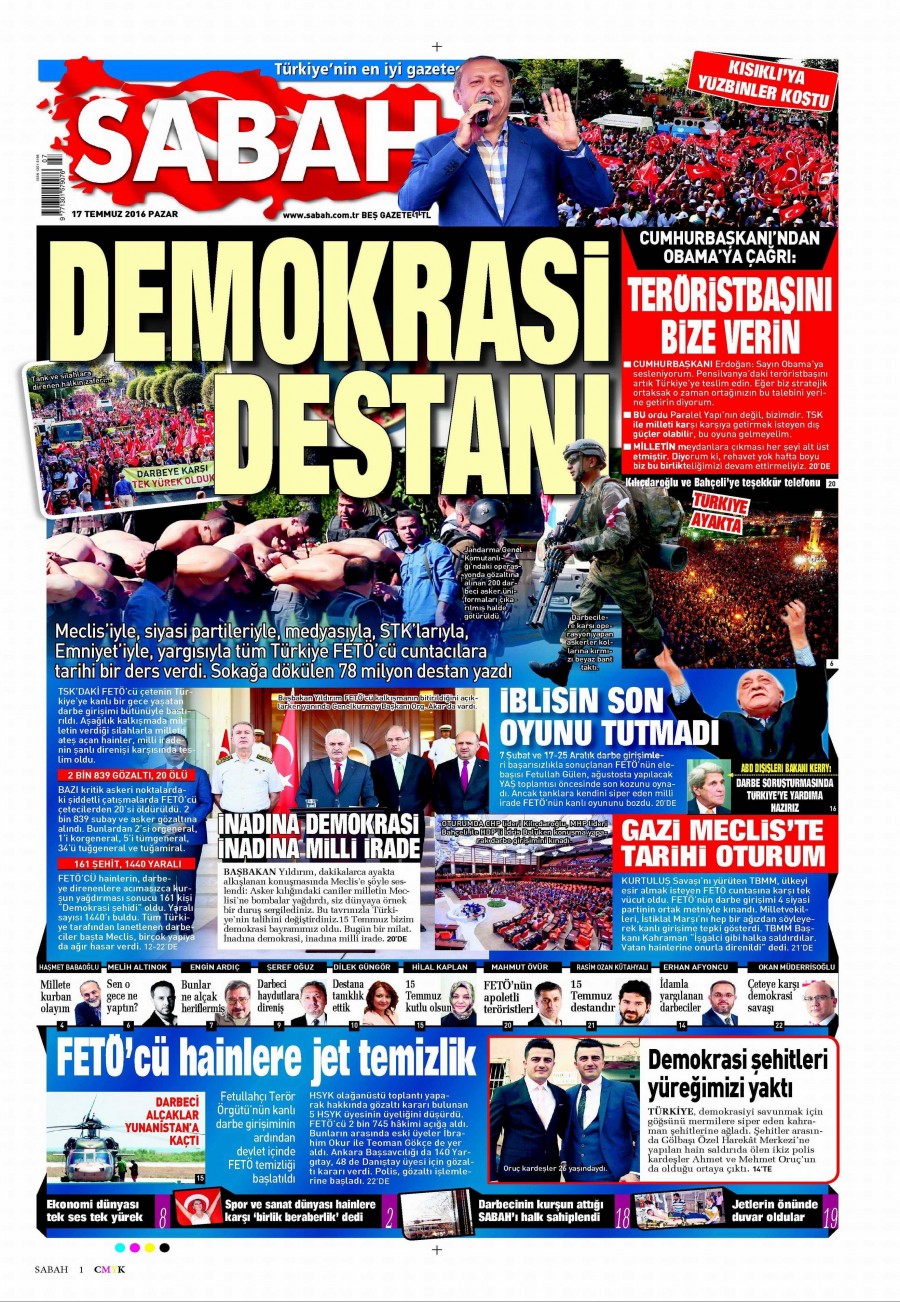 Darbe girişimi sonrası gazete manşetleri - 764