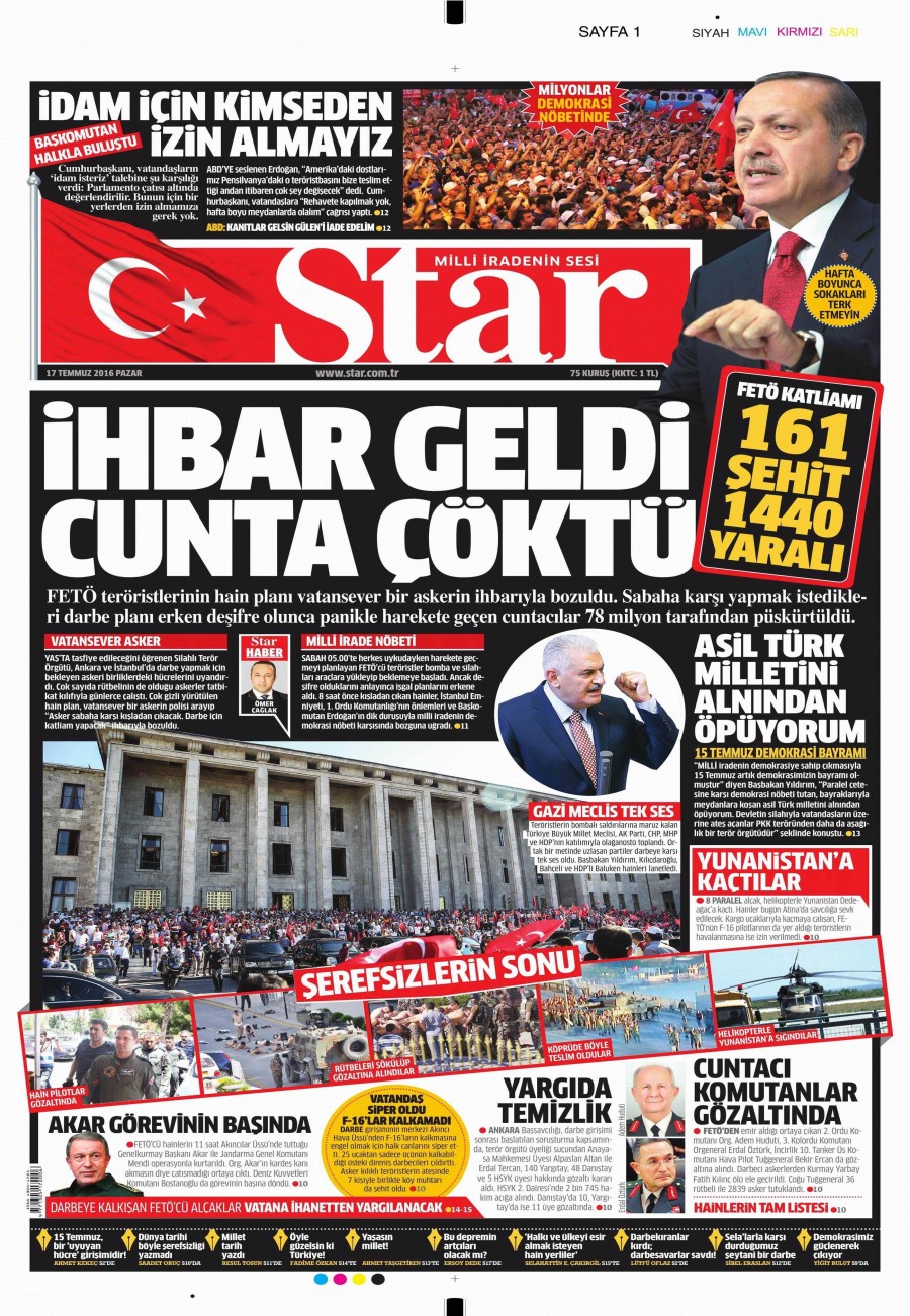 Darbe girişimi sonrası gazete manşetleri - 883