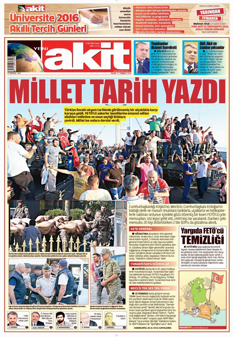 Darbe girişimi sonrası gazete manşetleri - 841